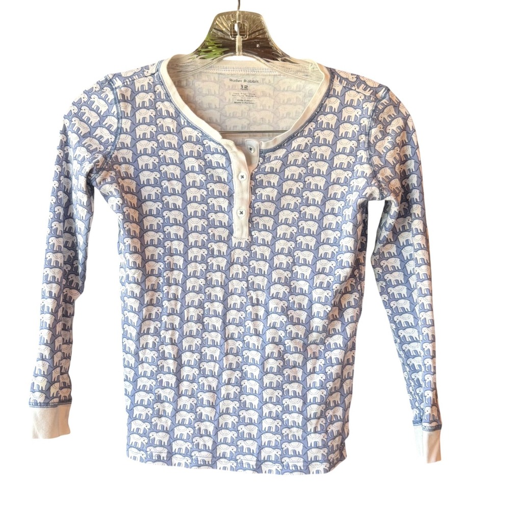 Roller Rabbit Kids Elephant Print Henley Pajama Shirt Blue White Size 12 Years